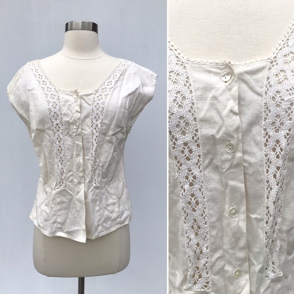 Vintage Tops - Vintage Edwardian cream linen lace button up shirt top blouse